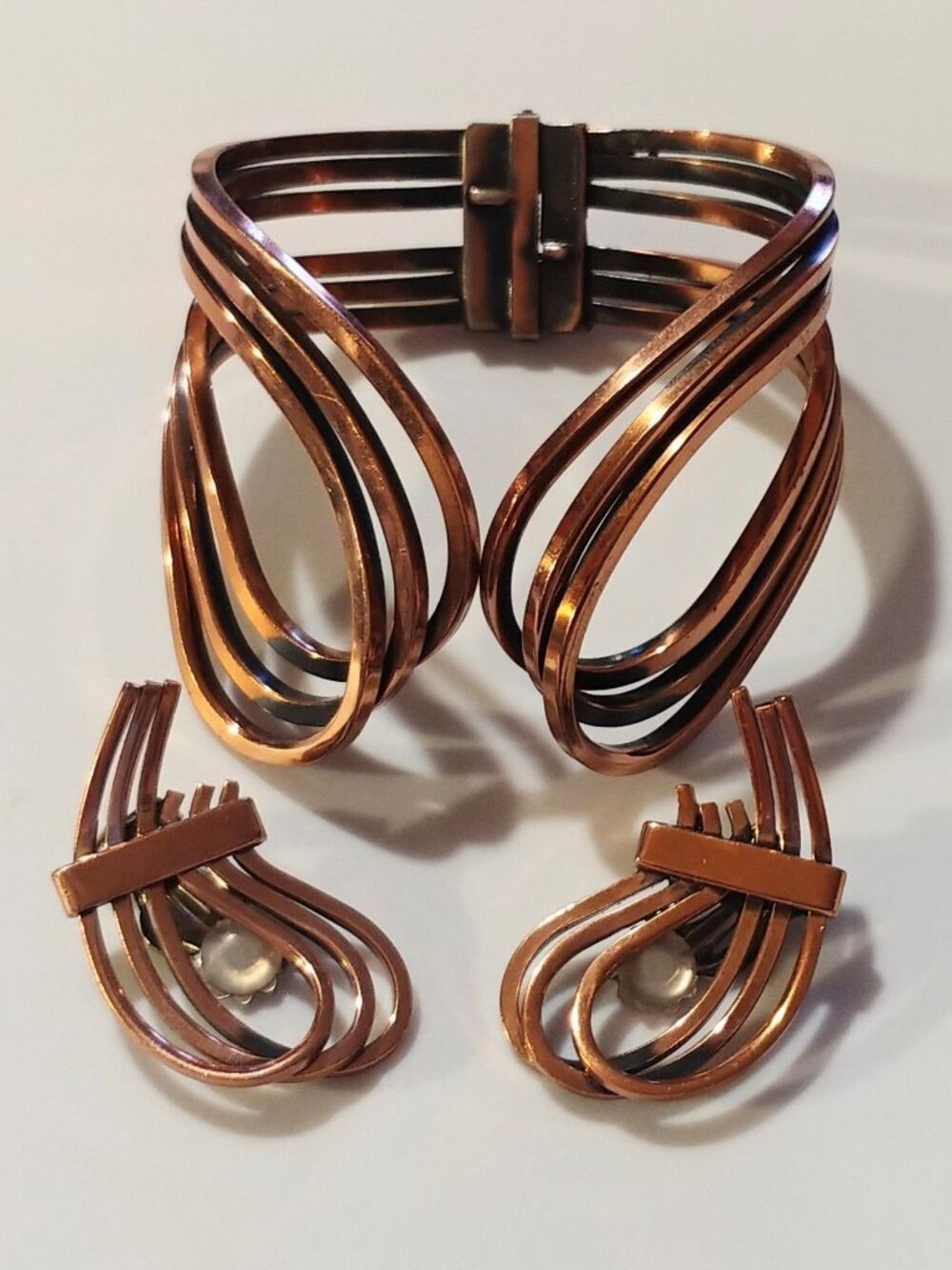 Gorgeous 50s MCM Signed Renoir Rhythm Copper Bracelet & Earrings Set